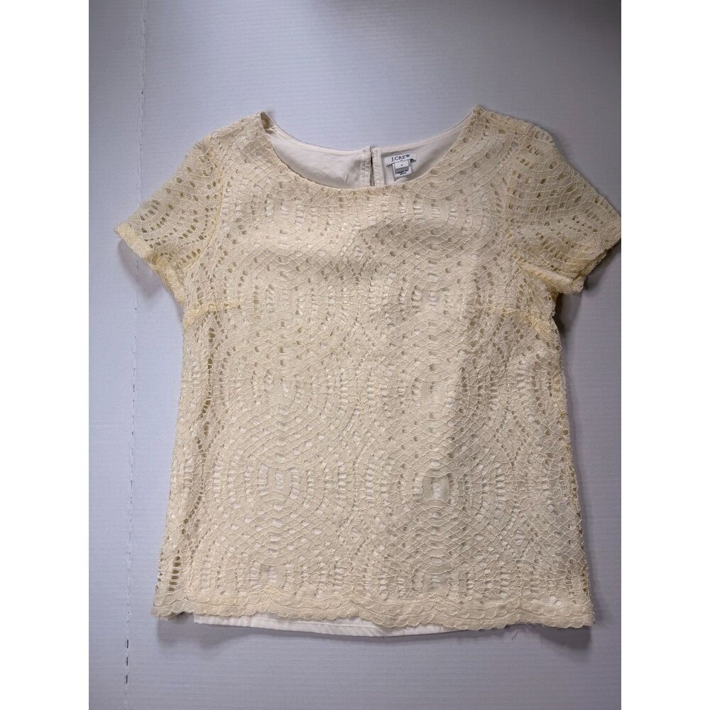 J.Crew Womens Ivory Crochet Lace Short Sleeve Top Size 6 Lined Button Back